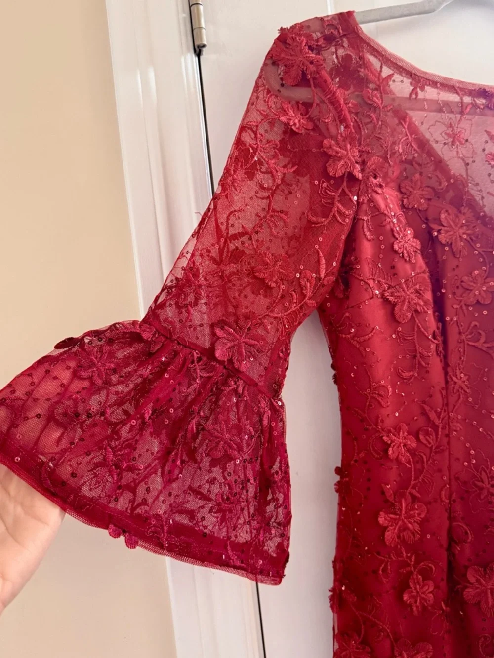 Adrianna Papell Floral Sequin Embroidered Lace Cocktail Dress 2 Pink Bell Sleeve - Picture 7 of 14